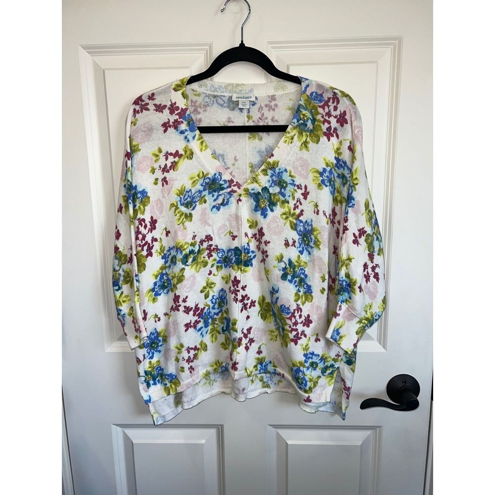 Sundance Johanna Cotton V-Neck Lightweight Floral 3/4 Sleeve Sweater Petite XL